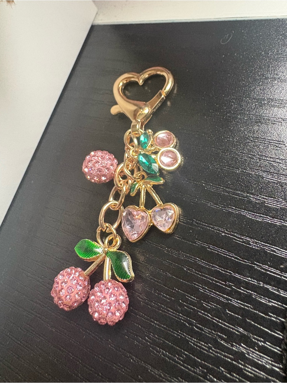 Gold Cherry Charm Keychain with Pink Crystals